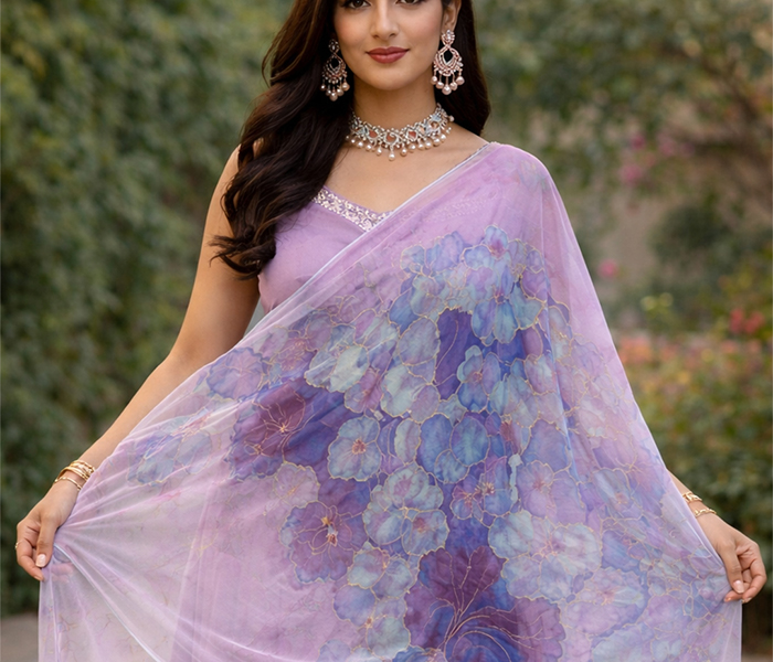 Hand Painted Silk Chiffon Scarf, Lavender Floral pattern